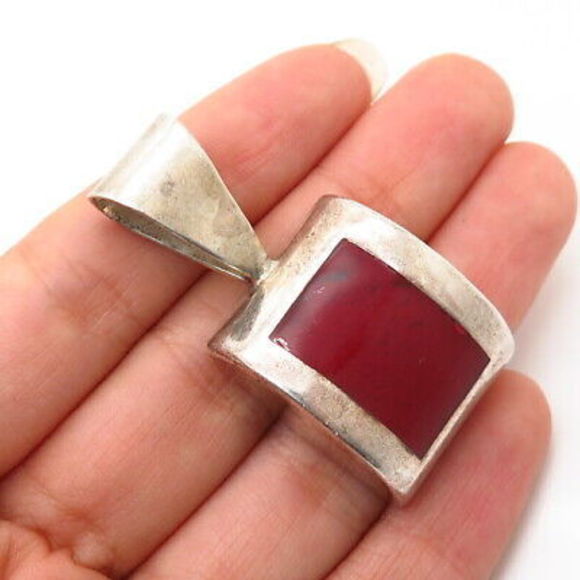 925 Sterling Silver Vintage Mexico Red Enamel Slide Pendant